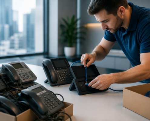 Technician installing and configuring office desk phones and network cables