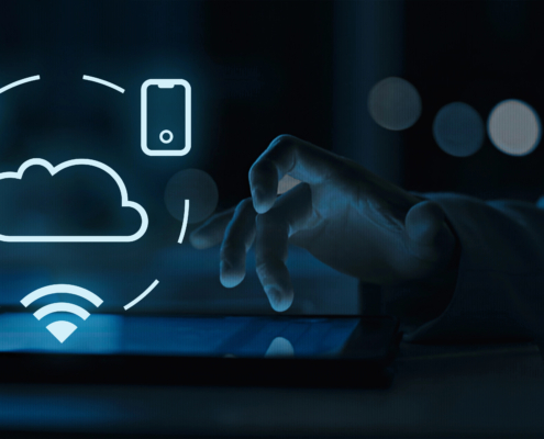Cloud, mobile, internet, and Wi-Fi icons displayed above a tablet
