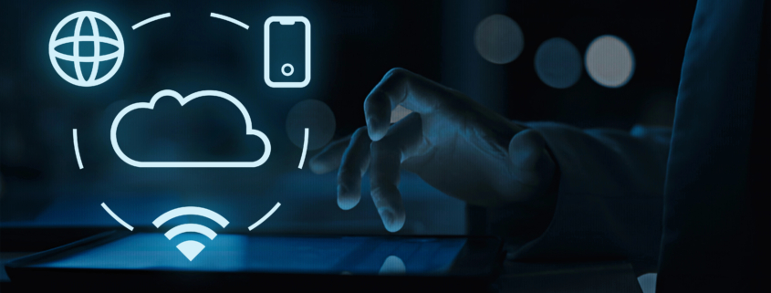 Cloud, mobile, internet, and Wi-Fi icons displayed above a tablet