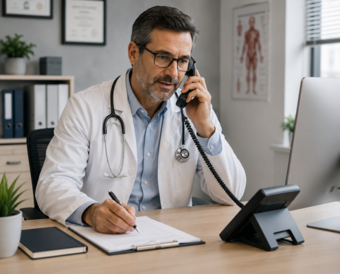 Doctor speaking with a patient using an office desk phone
