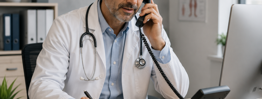 Doctor speaking with a patient using an office desk phone