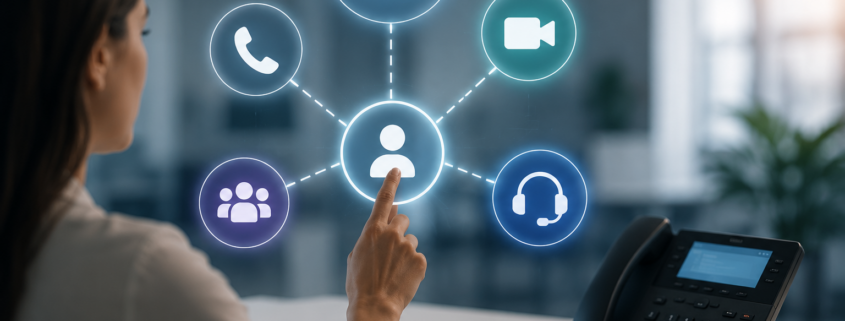 Employee accessing phone, video, cloud, team, and support communication tools